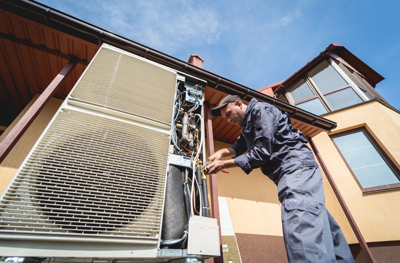 Right Guys Home Services HVAC Company technician servicing a cooling system in York County, SC, delivering dependable performance. HVAC Company Near Me.